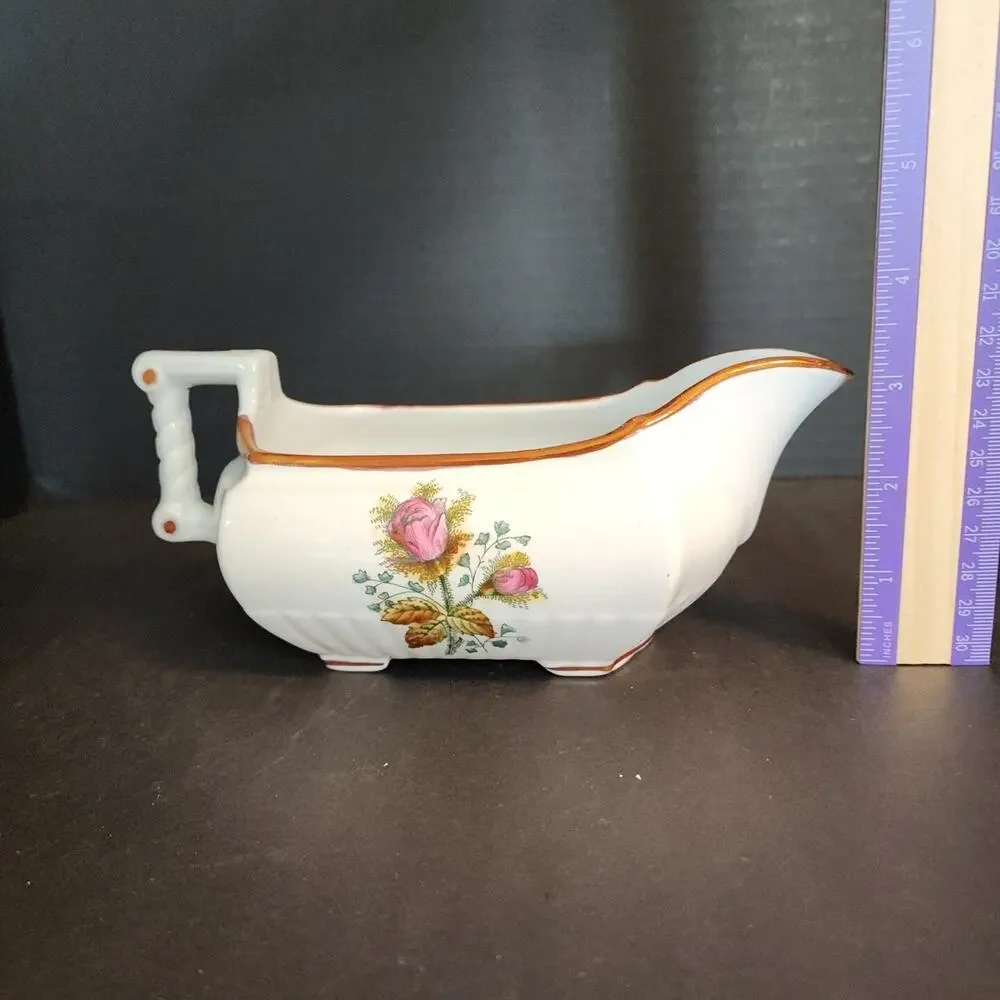 Vtg Royal Ironstone China England-W. H. Grindley Gravy Boat Roses Copper Luster
